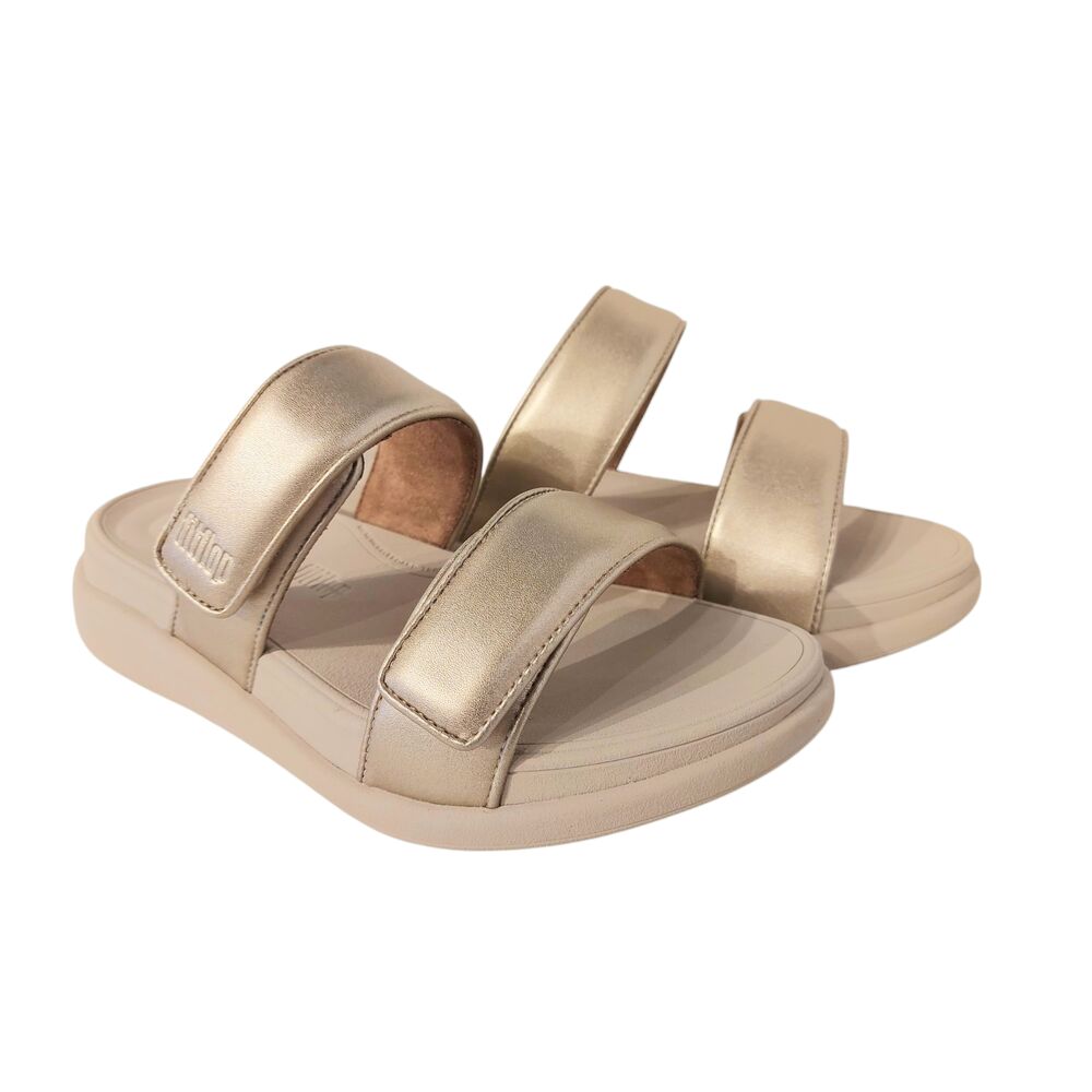 Fitflop Slipper F-Mode Go Adjustable Flatform Two-Bar Slides Platino Goud - 197533589055