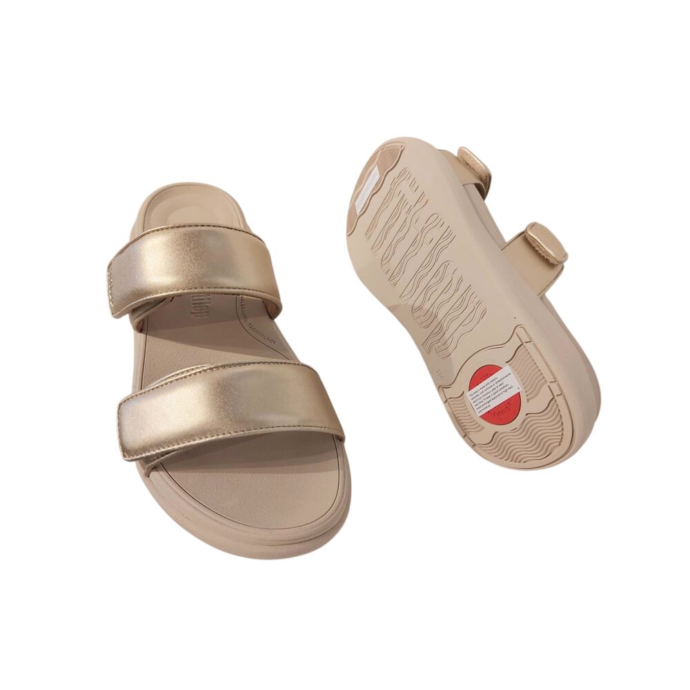 Fitflop Slipper F-Mode Go Adjustable Flatform Two-Bar Slides Platino Goud - 197533589055