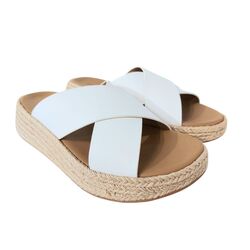Fitflop Slipper F-Mode Espadrille Leather Flatform Cross Slides Wit - 197533490085